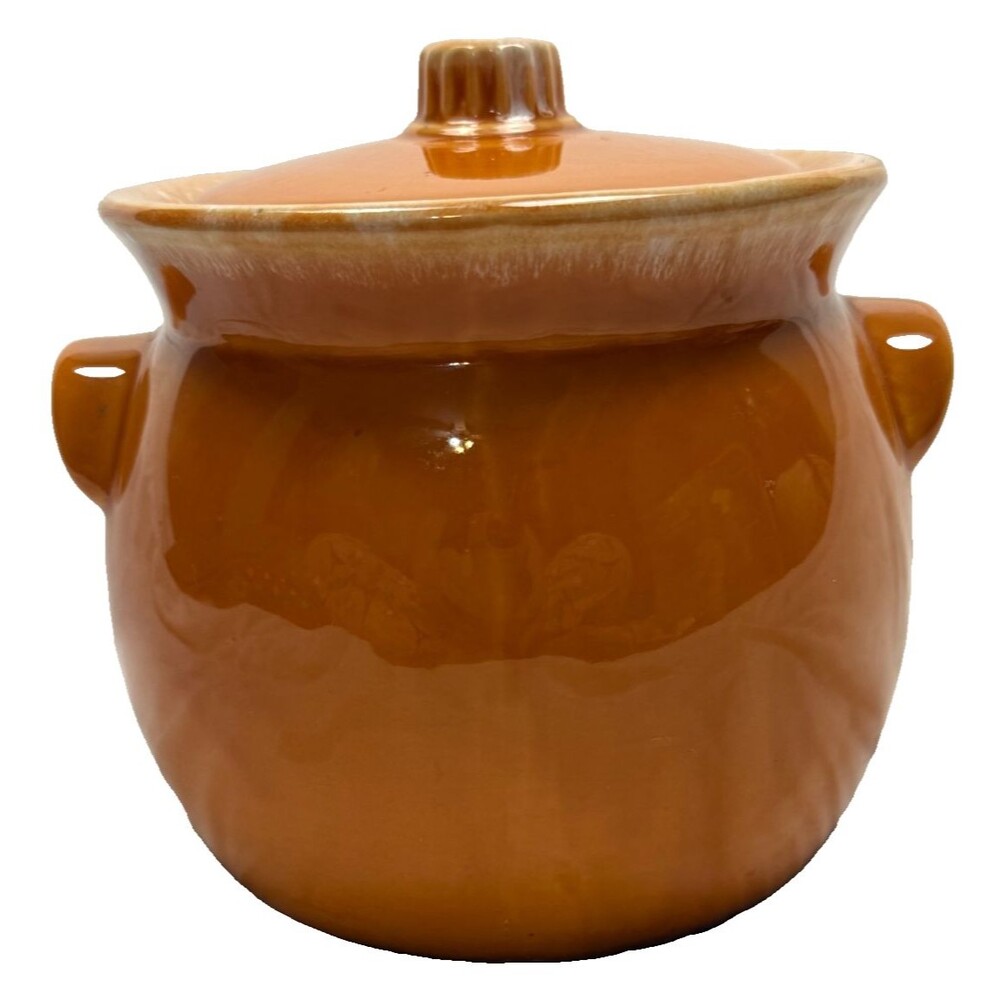 Vintage Hull Pottery Bean Pot Tangerine Orange Drip Glaze Lid MCM Oven Proof USA
